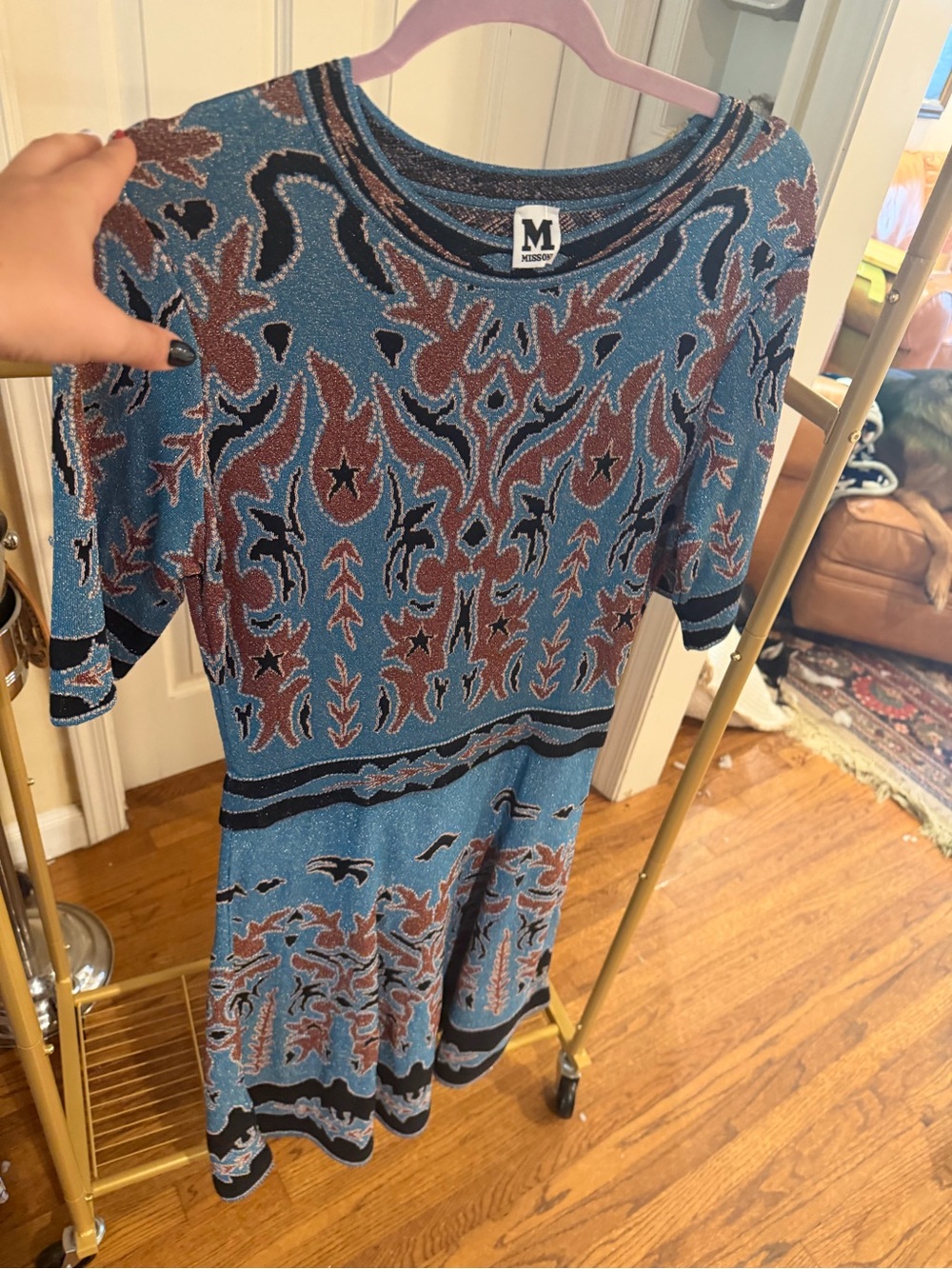 M by Missoni Blue and Brown Patterned Knit Midi Dress